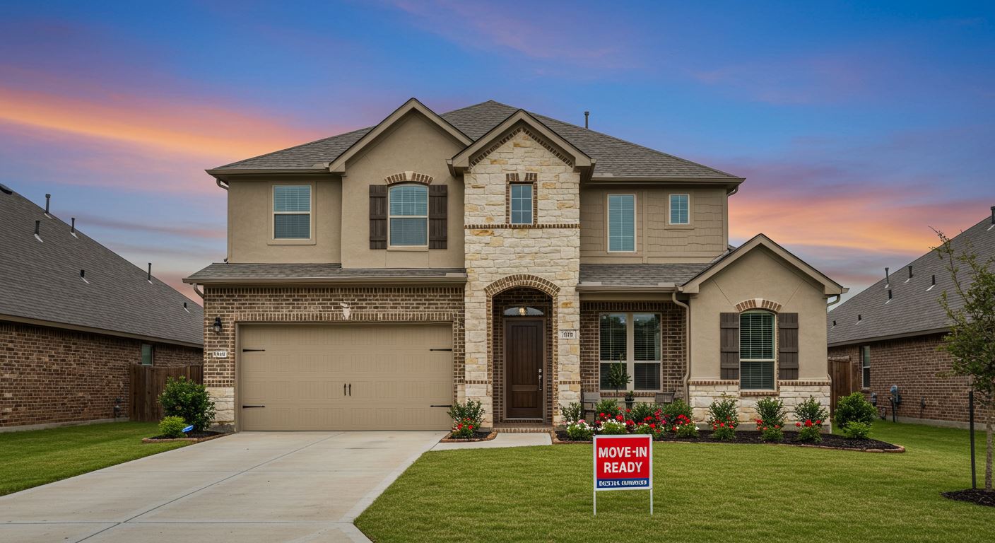 Newly built two-story home with fresh landscaping and a Move-In Ready sign on the yard under a clear Texas sky.