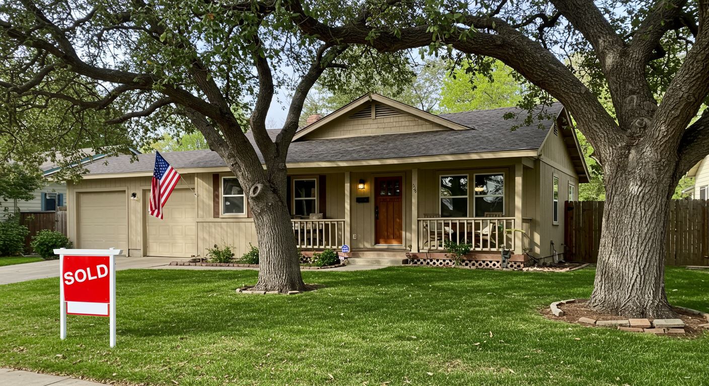 Mature oak trees shade a classic ranch-style house in Universal City with an American flag on the porch and a sold sign out front.
