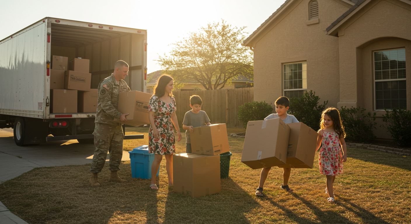 Military family unloading a moving truck during their PCS to San Antonio