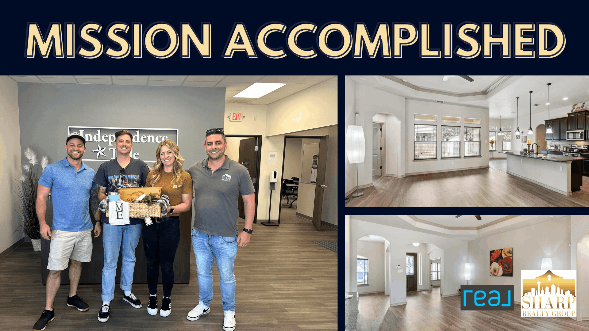 Happy military family holding house keys in front of San Antonio home with Sharp Realty Group 'Mission Accomplished' banner