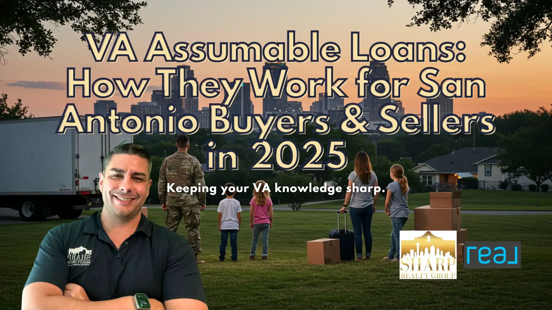 Anthony Sharp with a military family at sunset, moving truck and boxes in a San Antonio park with the skyline in the background