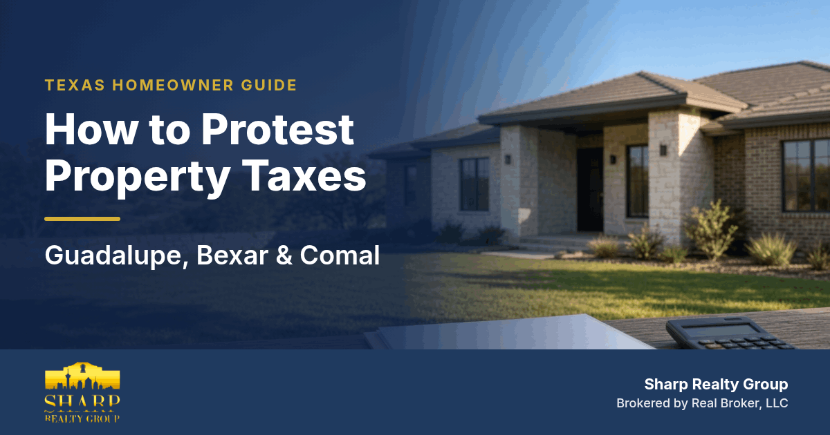 Texas suburban stone-and-brick home with an appraisal notice and calculator, titled How to Protest Property Taxes: Guadalupe, Bexar and Comal