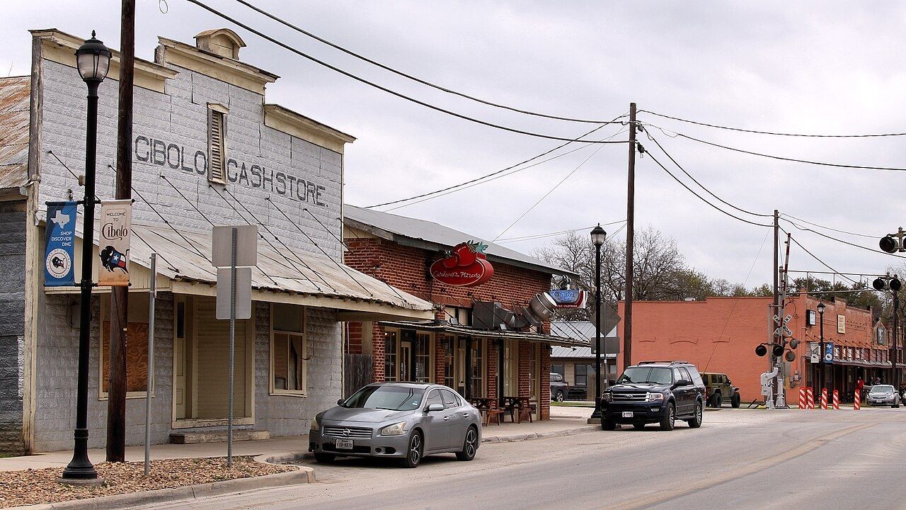 North Main Street through the historic commercial district of Cibolo, Texas
