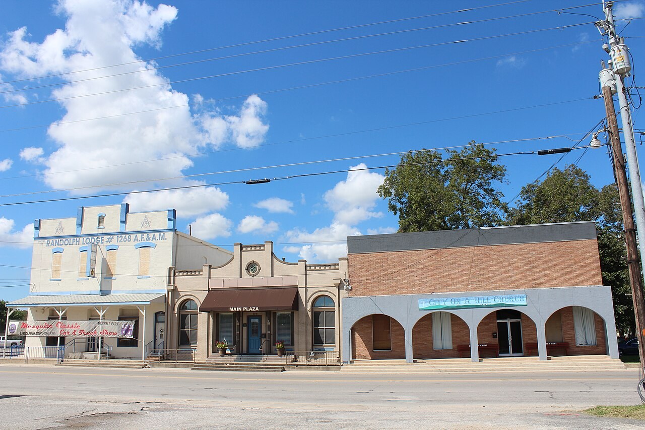 Historic storefront buildings on Main Street in Schertz, Texas