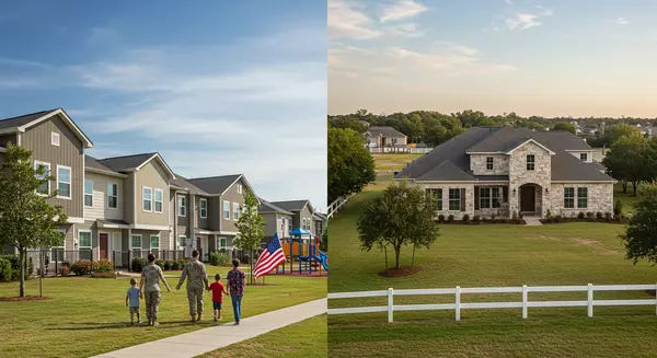 Comparison of on-base military housing and off-base suburban homes near Lackland AFB, showing housing options for military families