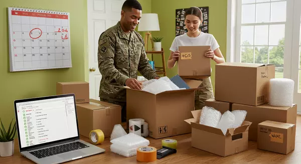 Military family preparing for PCS move to Lackland AFB with organized timeline
