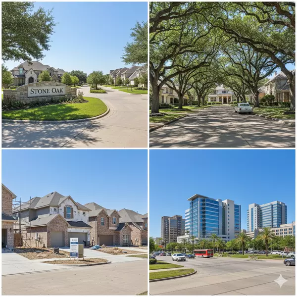 Collage of best San Antonio neighborhoods including Stone Oak, Alamo Heights, and family-friendly communities