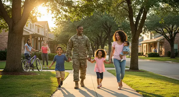 Military family walking in Cibolo Texas neighborhood near Randolph AFB