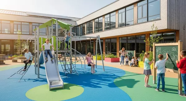 Modern school in New Braunfels with children playing on the playground