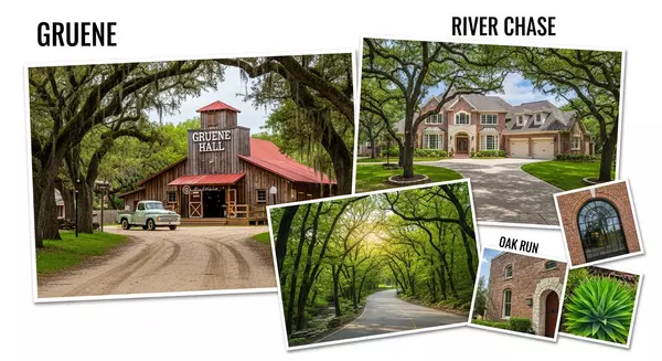 Collage of Gruene, River Chase, and Oak Run neighborhoods showcasing historic charm, spacious homes, and family-friendly vibes