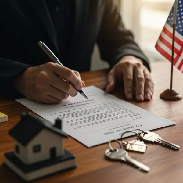 Military service member signing VA home loan documents for Randolph AFB area home purchase with zero down payment