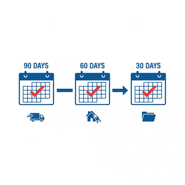 PCS timeline checklist showing 90-60-30 day breakdown for military move to Randolph Air Force Base
