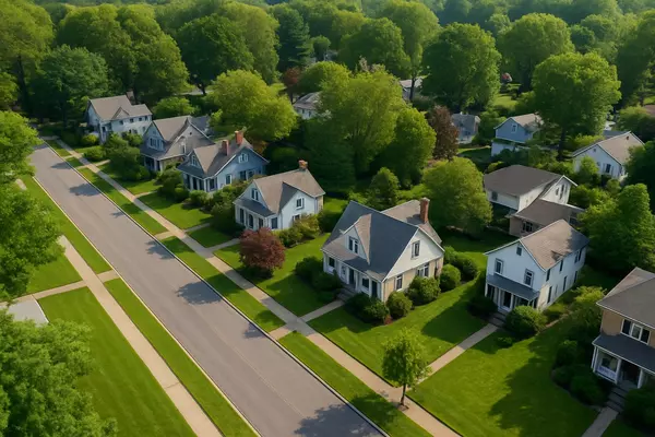 Aerial drone photo of a quiet neighborhood or suburban street, ideally showing homes not on the MLS with a hidden gem vibe