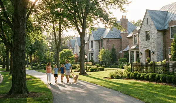 residents enjoying a walking trail in a manicured stone oak subdivision