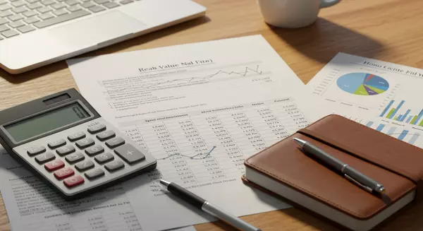 home value spreadsheet in a table with calculator, laptop, and notebook