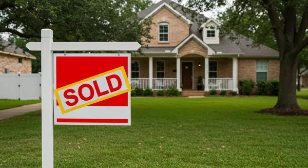 for sale sign yard in a suburban texas home