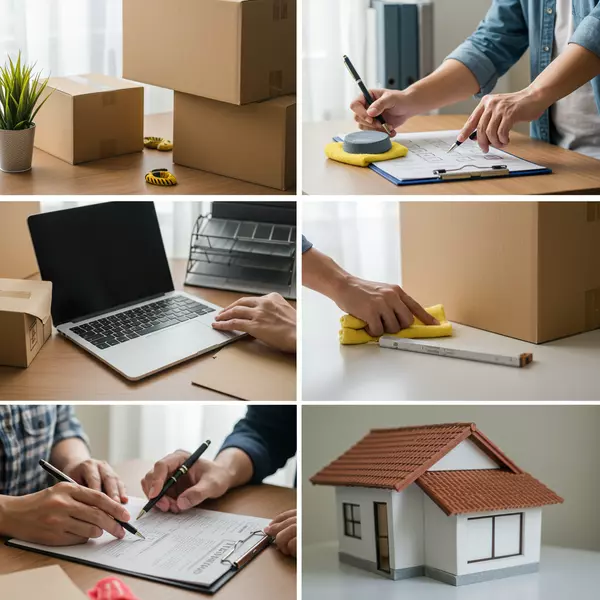 Organized workspace with a couple preparing for a move, reviewing a checklist and organizing their home for sale