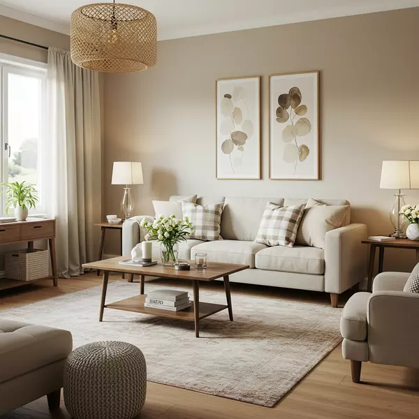 Well-staged living room with cozy furniture and neutral décor, creating a warm, inviting atmosphere