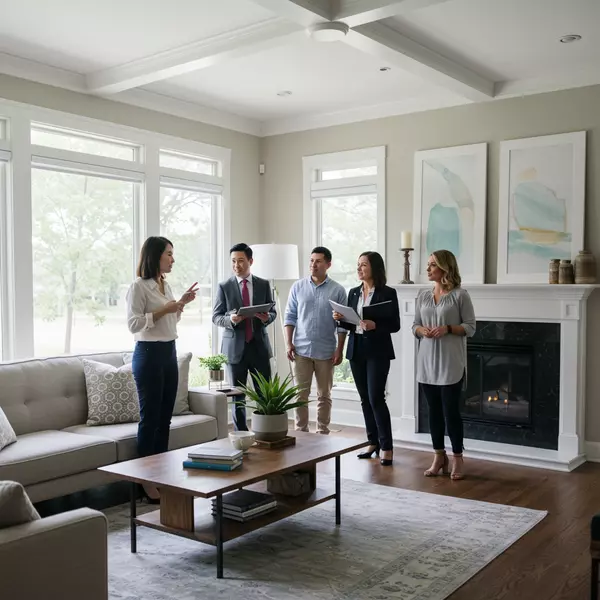 Open house event with potential buyers touring a well-staged living room and interacting with a real estate agent