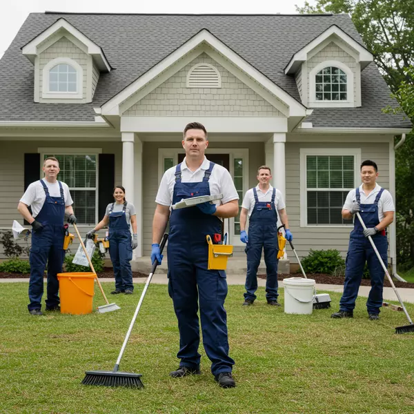 Professional cleaning crew, painter, and landscaper working together to prepare a home for sale