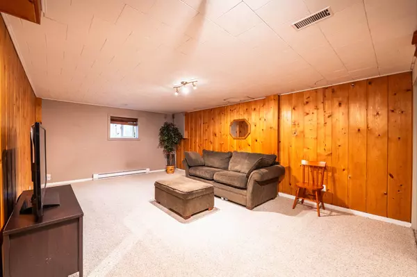 Spacious basement family room with warm wood paneling, neutral carpet, cozy sectional sofa, and a media setup—ideal for relaxing or entertaining.