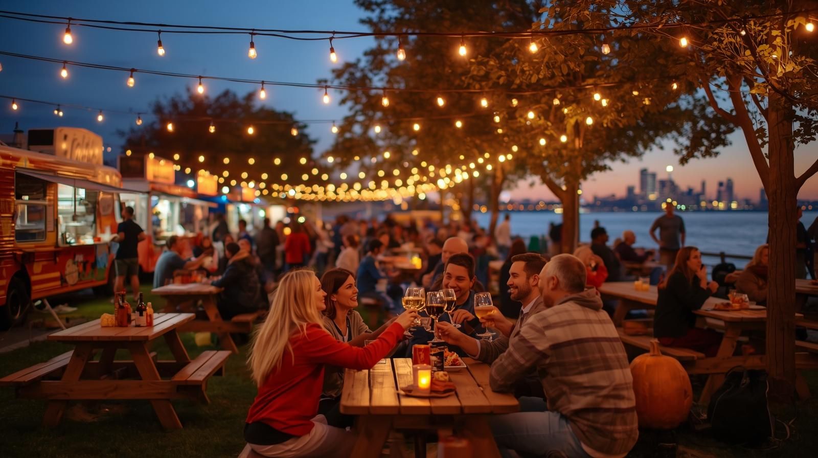 North Jersey fall food and wine festival with food trucks, local chefs, and waterfront dining under string lights.