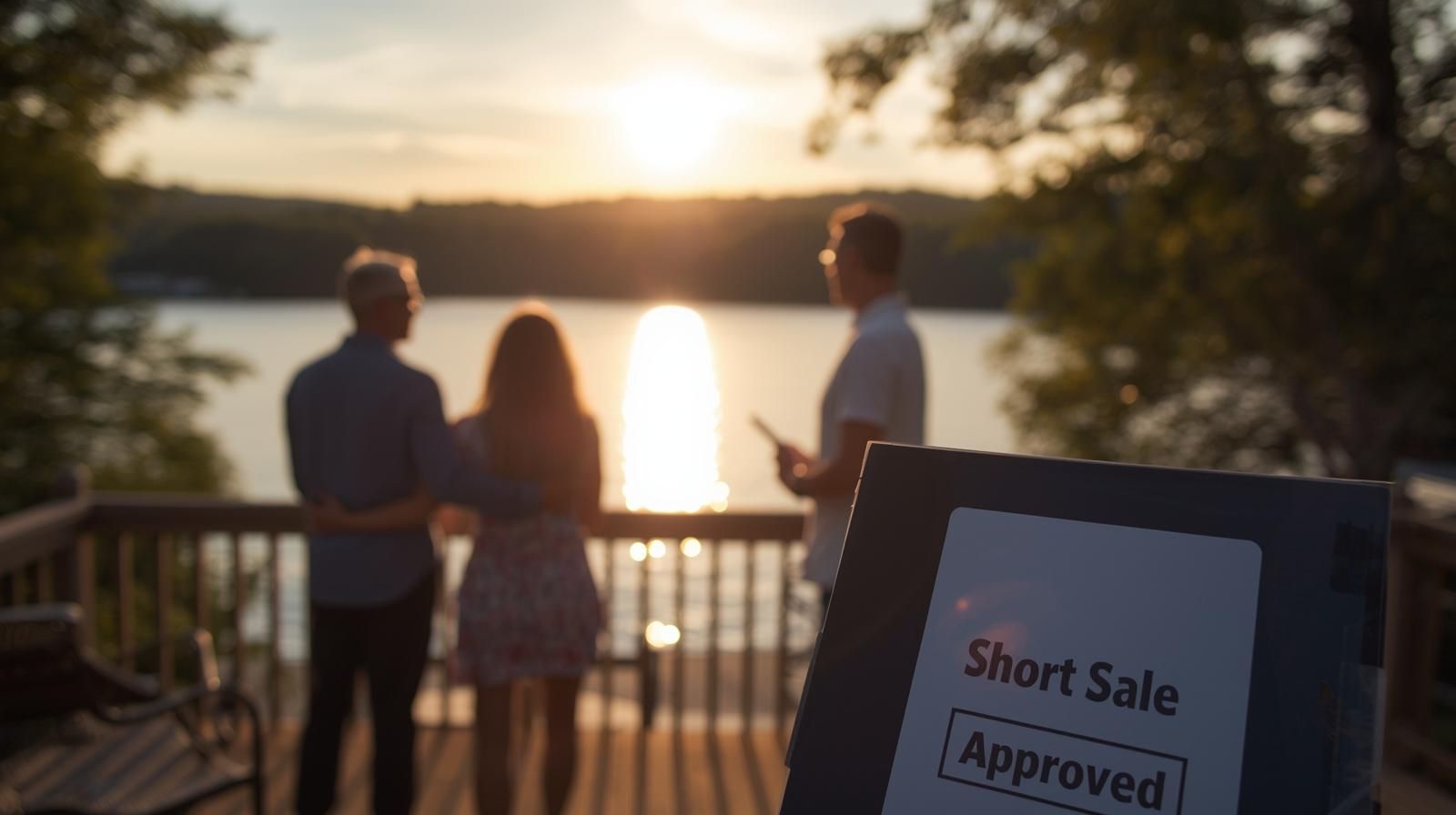 Homeowners overlooking Cupsaw Lake in Wanaque NJ at sunset, symbolizing hope and relief after completing a short sale with guidance from Johnny Rodriguez, North Jersey’s First AI-Certified Realtor.