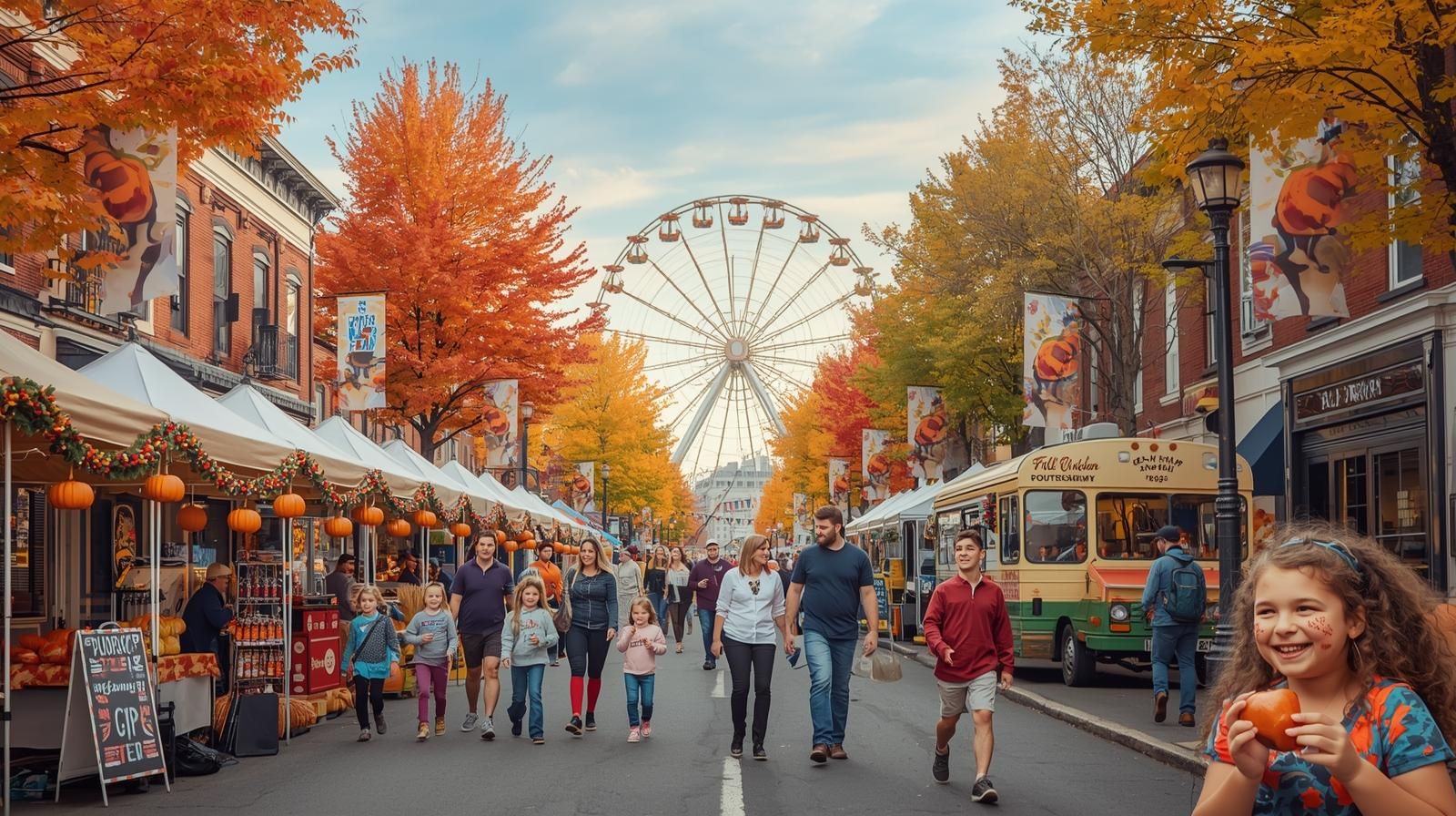 Families enjoying North Jersey fall festivals with vendors, food trucks, and autumn foliage during October weekend events.