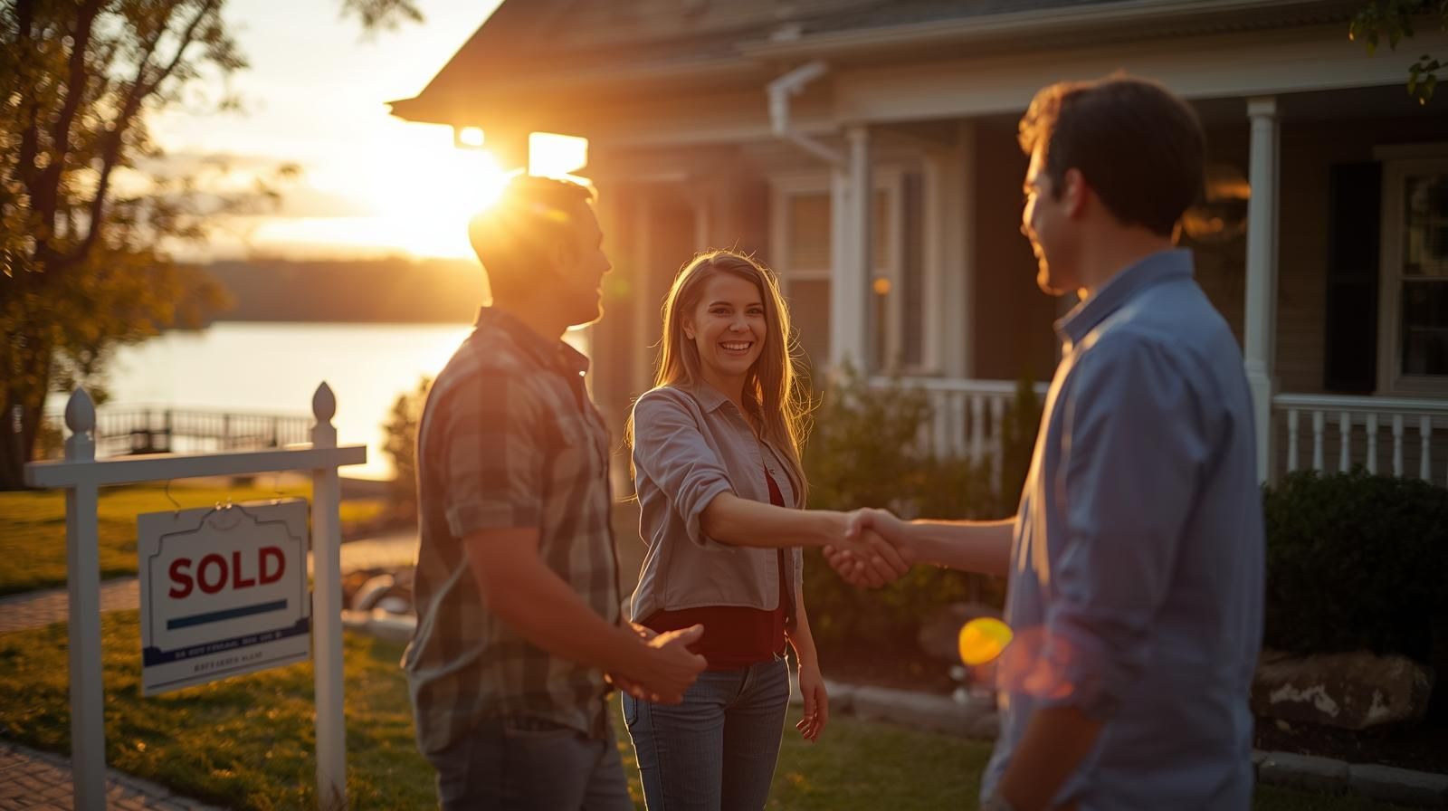 Realtor connecting homeowners and buyers outside a Wanaque NJ lakeside home after completing a short sale, symbolizing relief for sellers and opportunity for buyers.
