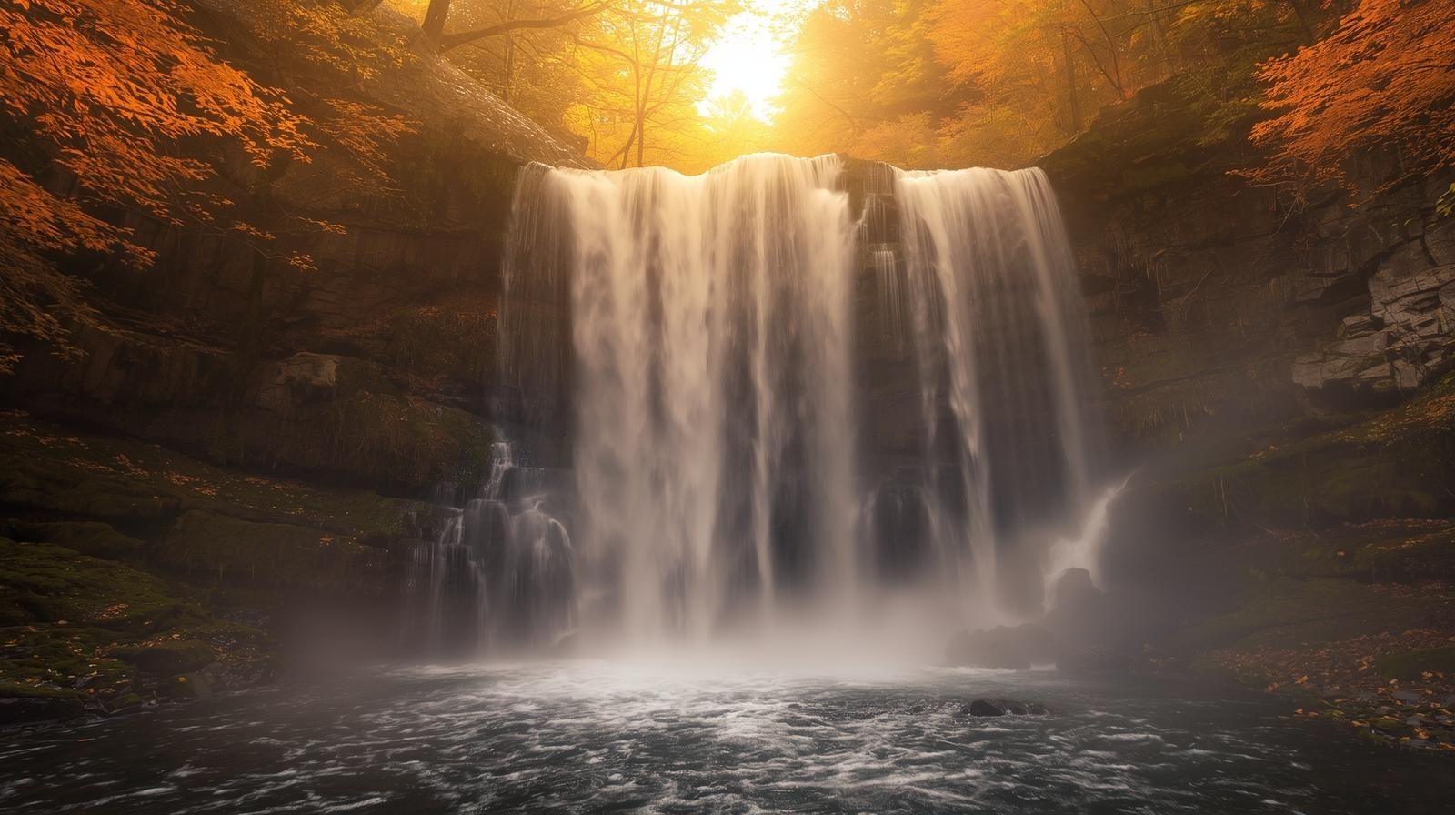 Waterfall in North Jersey surrounded by colorful fall foliage and golden sunlight, showcasing Hemlock Falls during autumn season.
