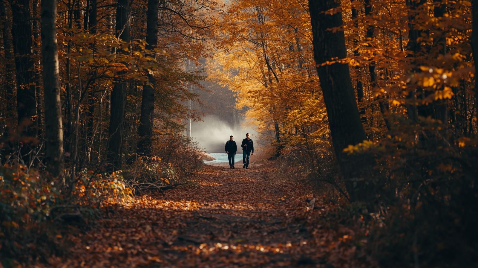 Peaceful forest trail in North Jersey during fall with golden leaves, tall trees, and a hiker enjoying a hidden autumn hike.