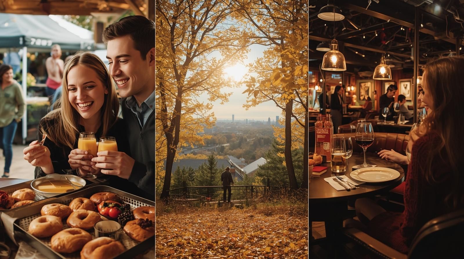 North Jersey weekend itinerary showing farmers market, fall hike, and waterfront dining experiences during October and November events.