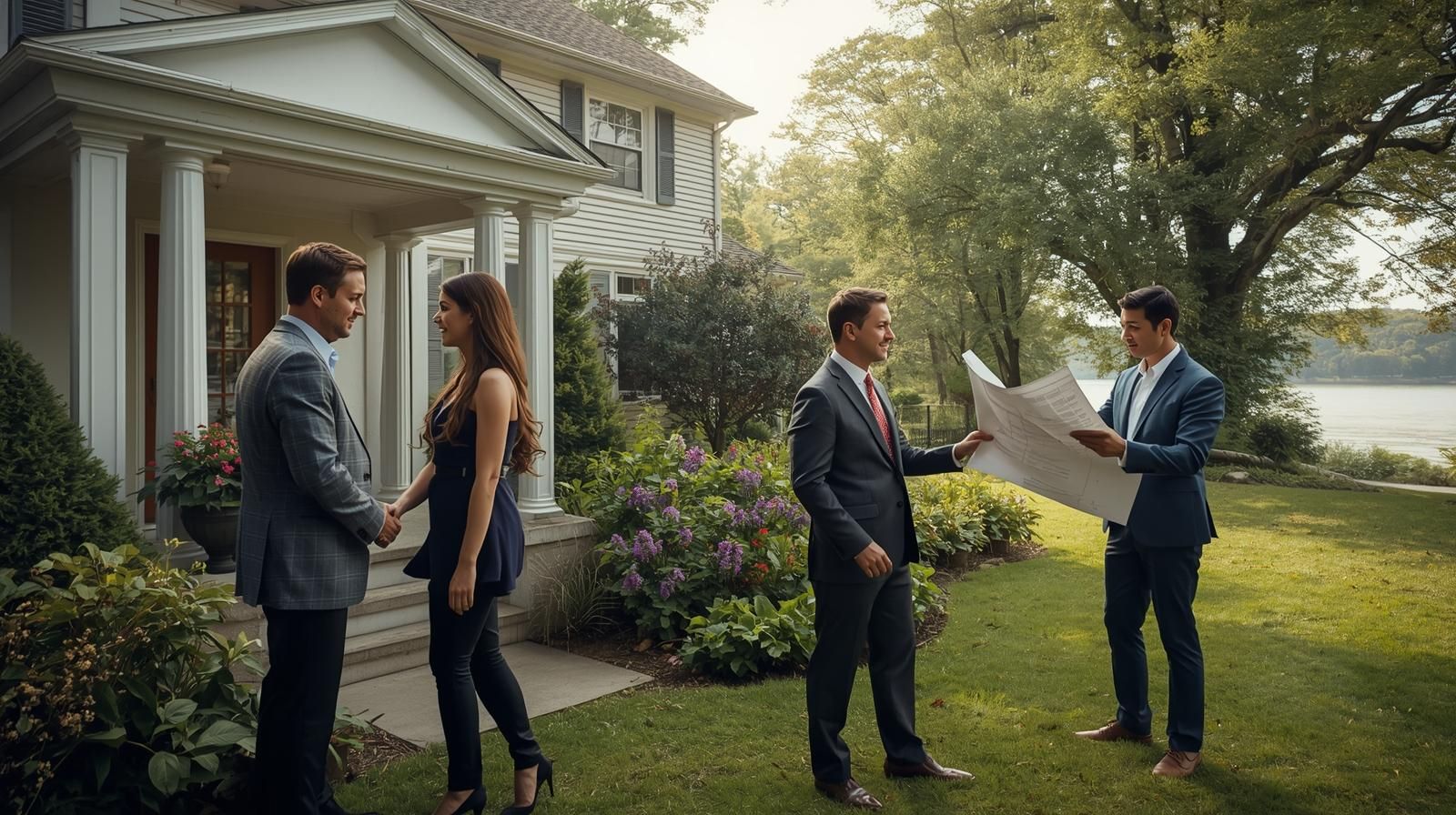 Realtor guiding homeowners and investors outside a lakeside home in Wanaque NJ, showing how the short sale process benefits both parties through trust and strategy.