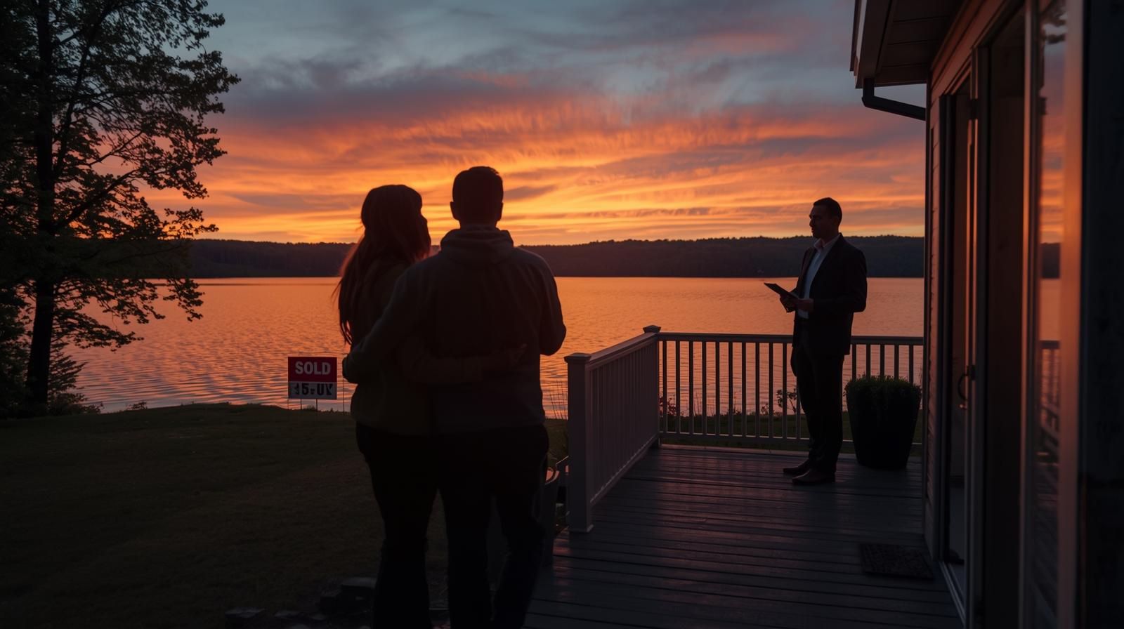 Homeowners overlooking Cupsaw Lake in Wanaque NJ after completing a successful short sale with Johnny Rodriguez, North Jersey&rsquo;s First AI-Certified Realtor, symbolizing relief and a new beginning.