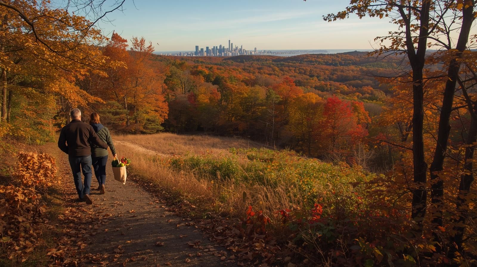 Scenic fall hike in North Jersey showing colorful foliage, walking trails, and skyline views near local farmers markets.