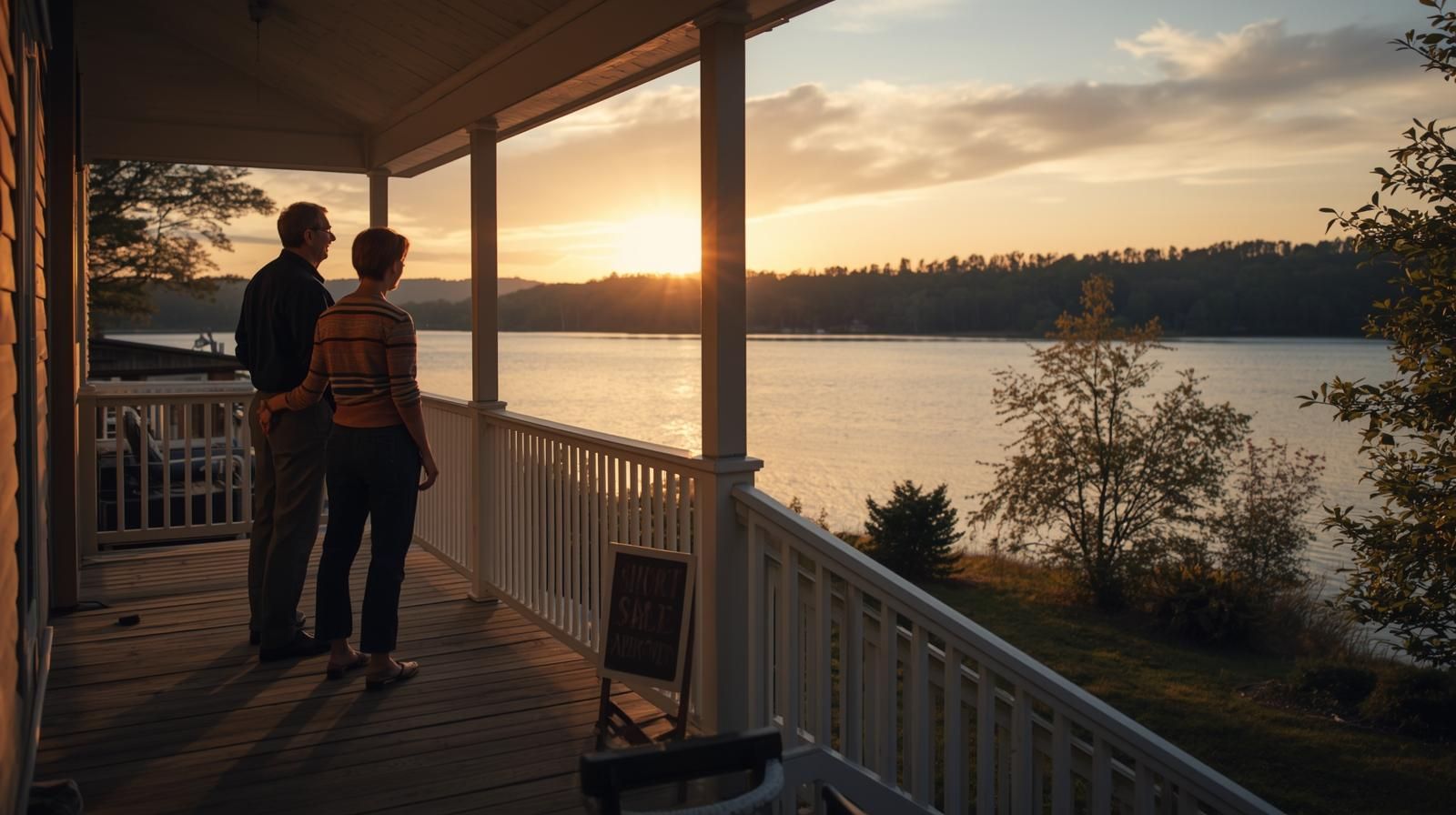 Homeowners on a lakeside porch in Wanaque NJ looking toward sunrise after completing a short sale, symbolizing relief and a new beginning guided by Johnny Rodriguez, North Jersey’s First AI-Certified Realtor.