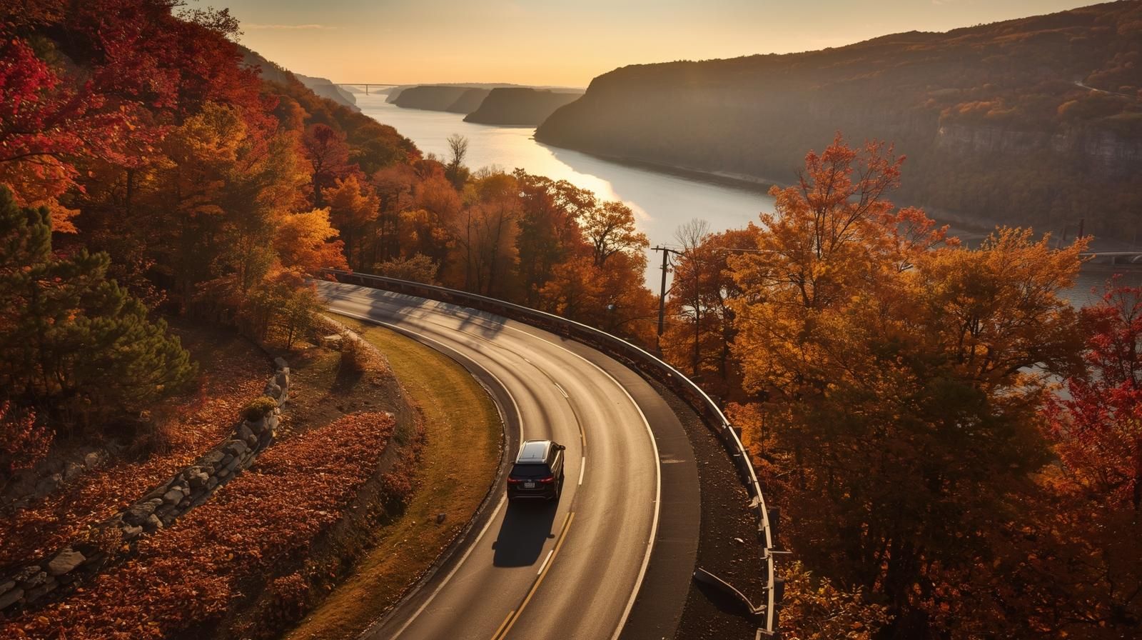 Car driving along Palisades Interstate Parkway surrounded by colorful fall foliage and Hudson River views in North Jersey.