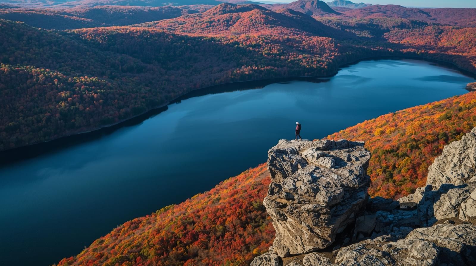 Aerial view of Ramapo Lake and Van Slyke Castle ruins surrounded by colorful fall foliage in North Jersey.