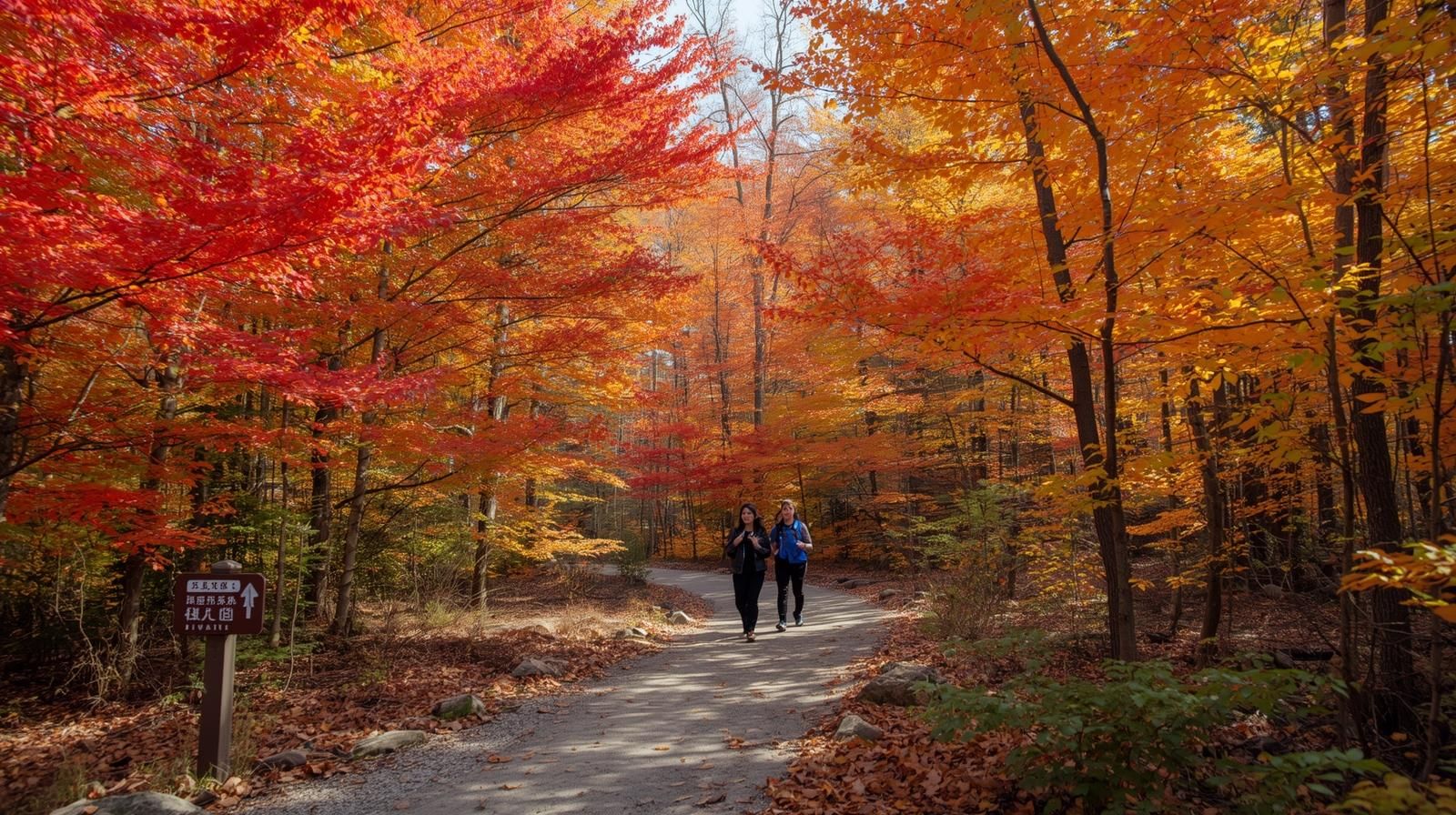 Colorful North Jersey trailhead during peak fall foliage with hikers preparing for a scenic autumn hike.