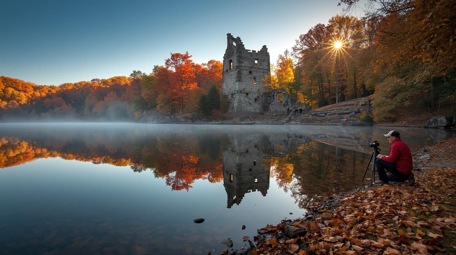 Panoramic view of Ramapo Lake and Van Slyke Castle surrounded by colorful fall foliage in North Jersey, captured at sunrise.