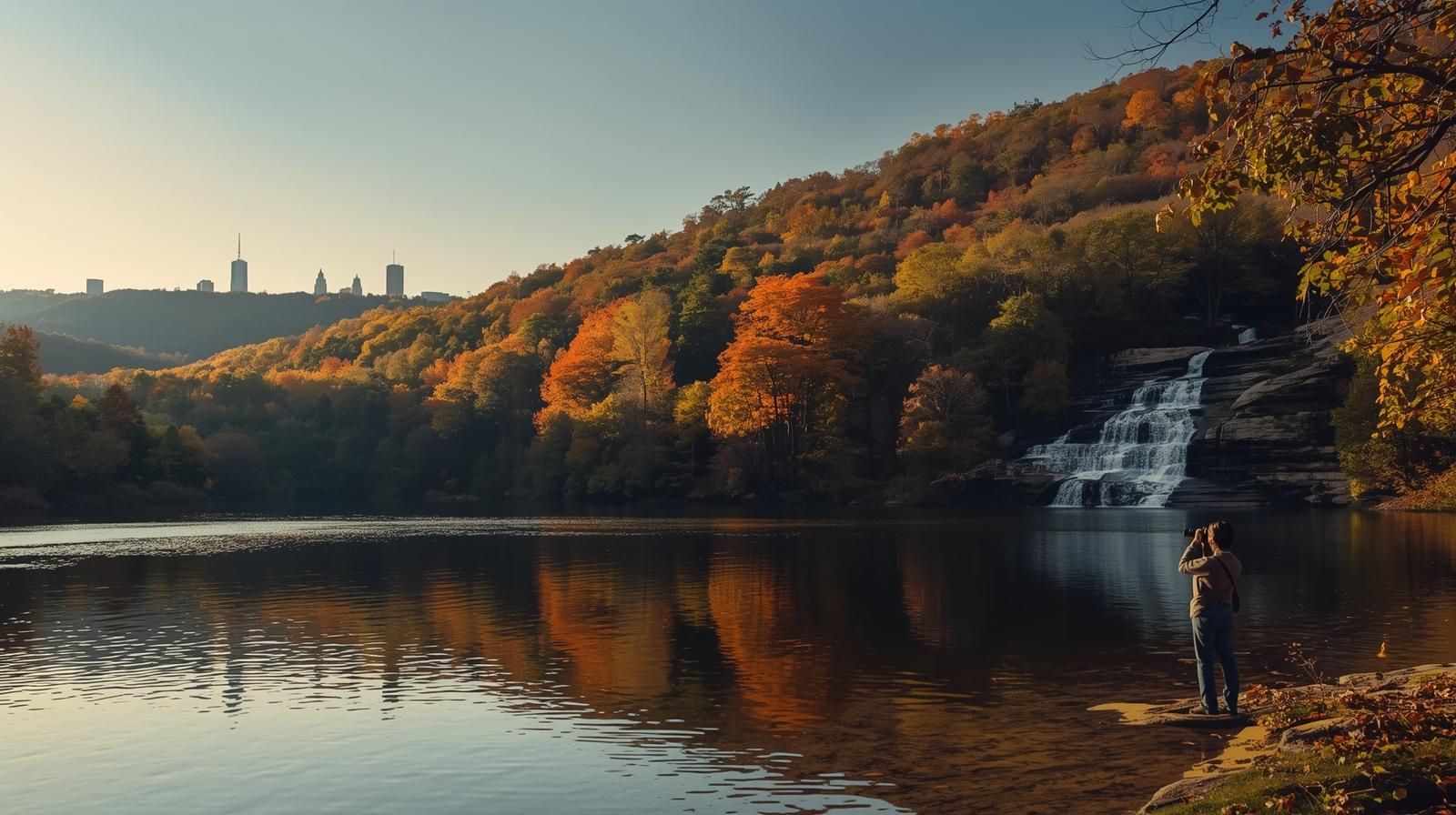 Panoramic North Jersey fall landscape showing lake reflections, skyline views, ridges, and autumn foliage capturing the region’s photography appeal.