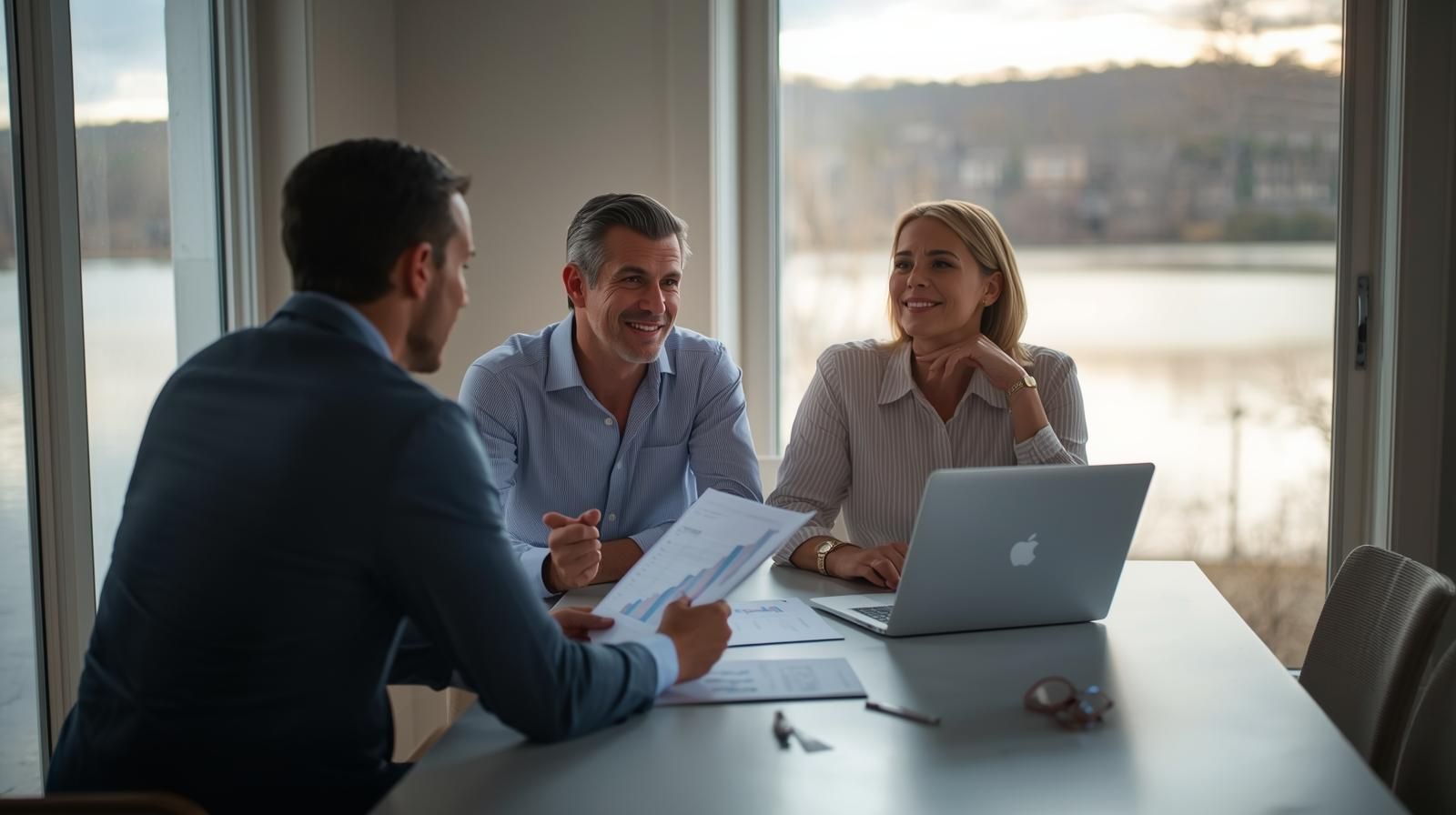Realtor meeting with homeowners in Wanaque NJ to explain the short sale process, reviewing documents at a kitchen table with a lakeside view symbolizing trust and guidance.