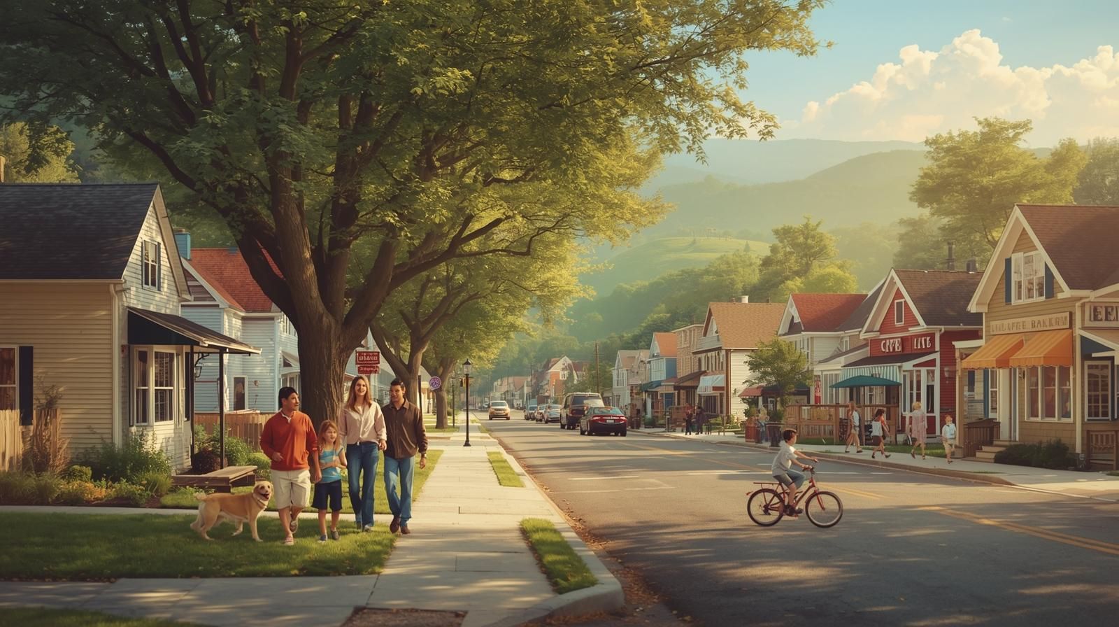 Family-friendly suburban street in Haledon NJ with homes, small local shops, and people enjoying community life near Hofstra Park.