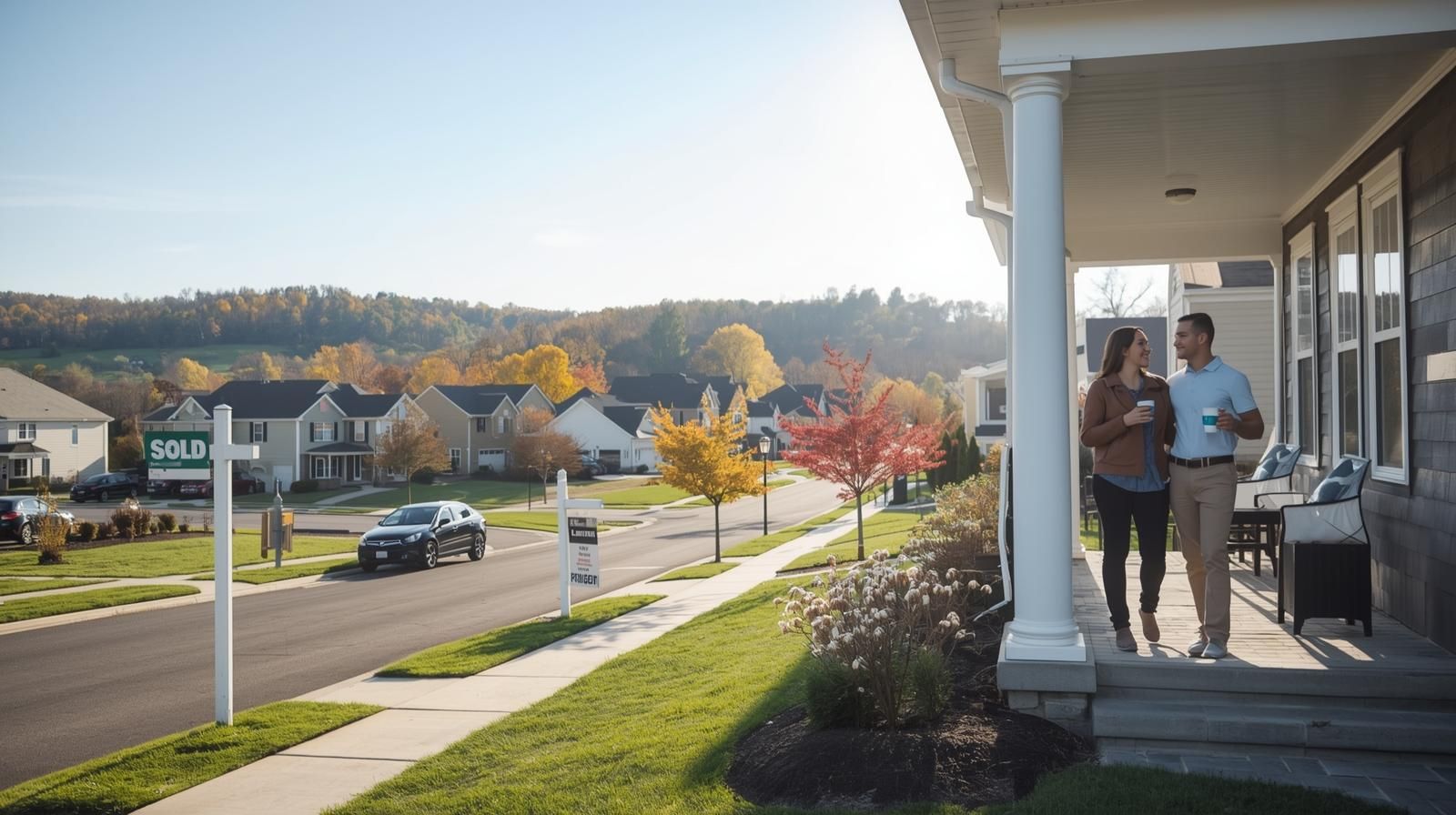A young couple buying their first home in Haledon NJ, standing outside a cozy suburban house on a tree-lined street, representing affordable living and community life for New Jersey first-time home buyers.