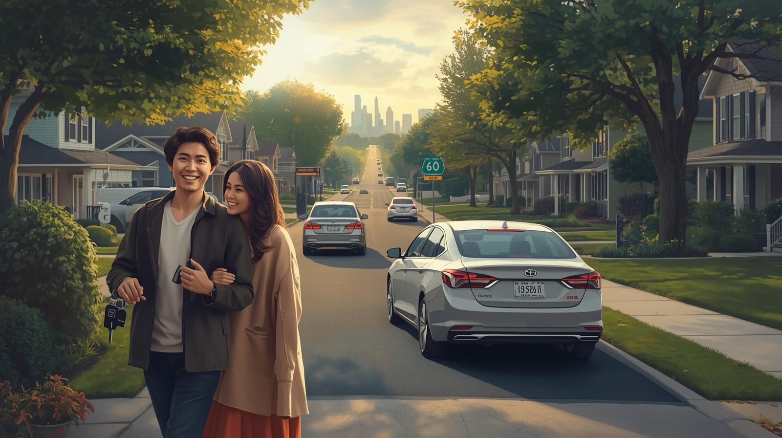 Suburban street in Haledon NJ showing a young family commuting with easy access to North Jersey highways and NYC, highlighting the convenience and lifestyle appeal for first-time home buyers.