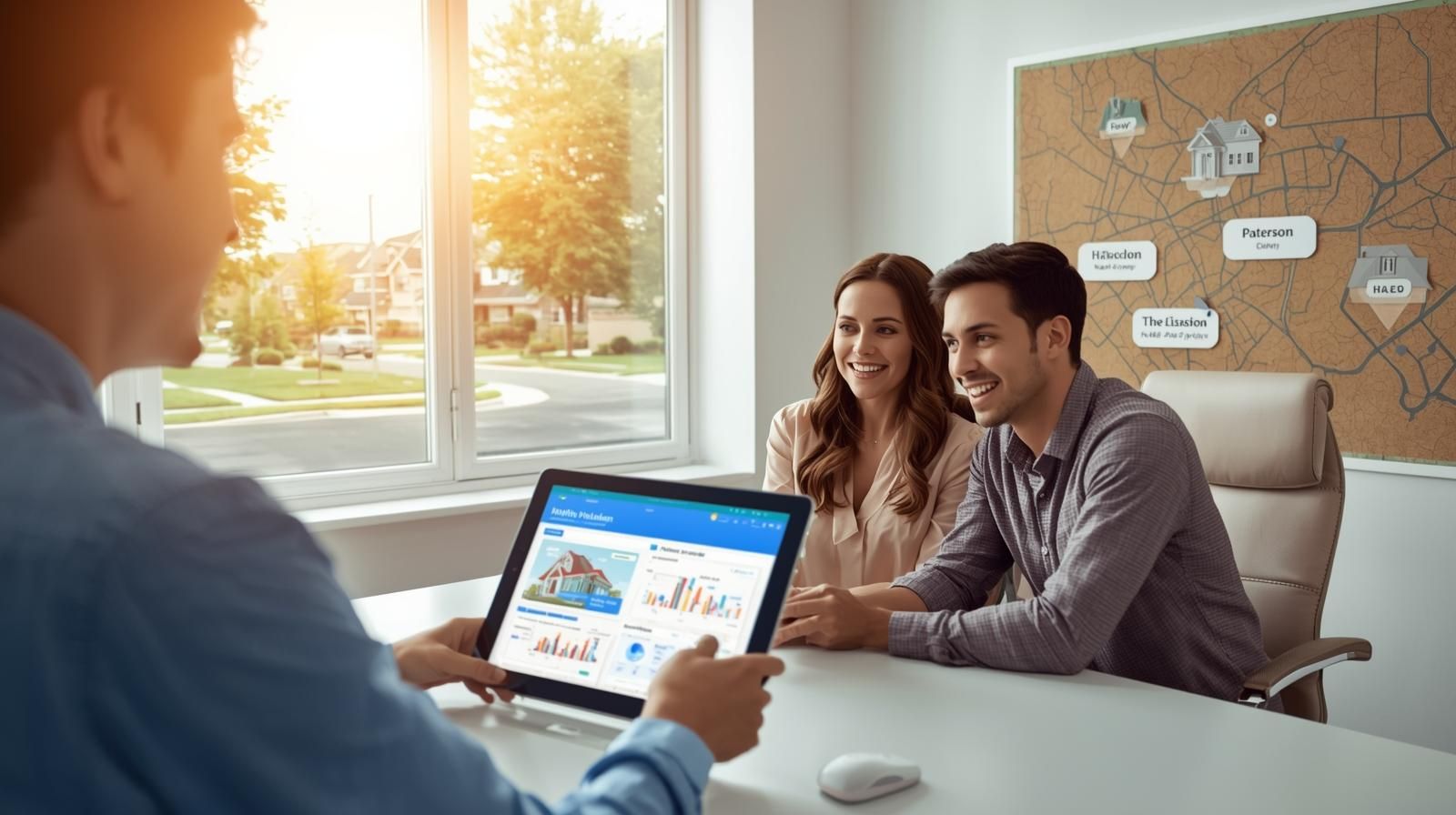 AI-certified real estate agent helping first-time home buyers in Haledon NJ plan their purchase using digital affordability tools and neighborhood data to secure affordable homes.