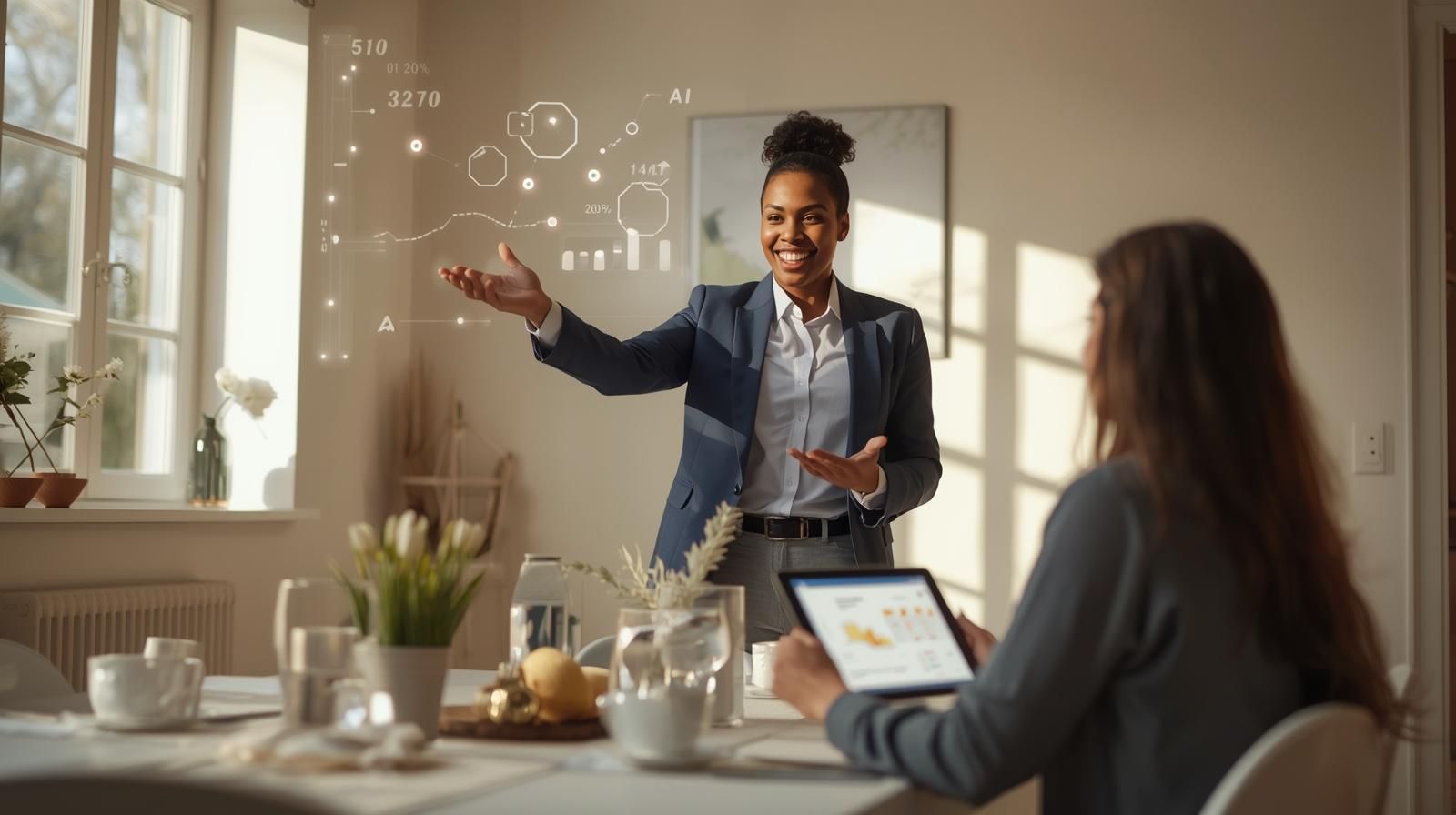 Realtor presenting an AI-powered real estate marketing plan to a client inside a bright, modern home with digital data visuals projected in the air.