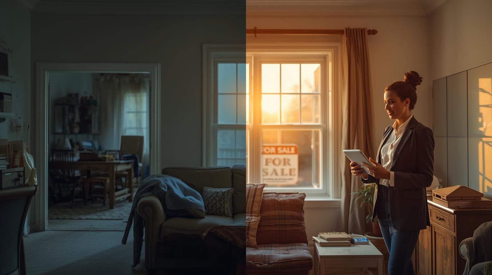 Realtor guiding a Haledon family through probate home sale paperwork beside a For Sale sign, showing trust and professionalism.