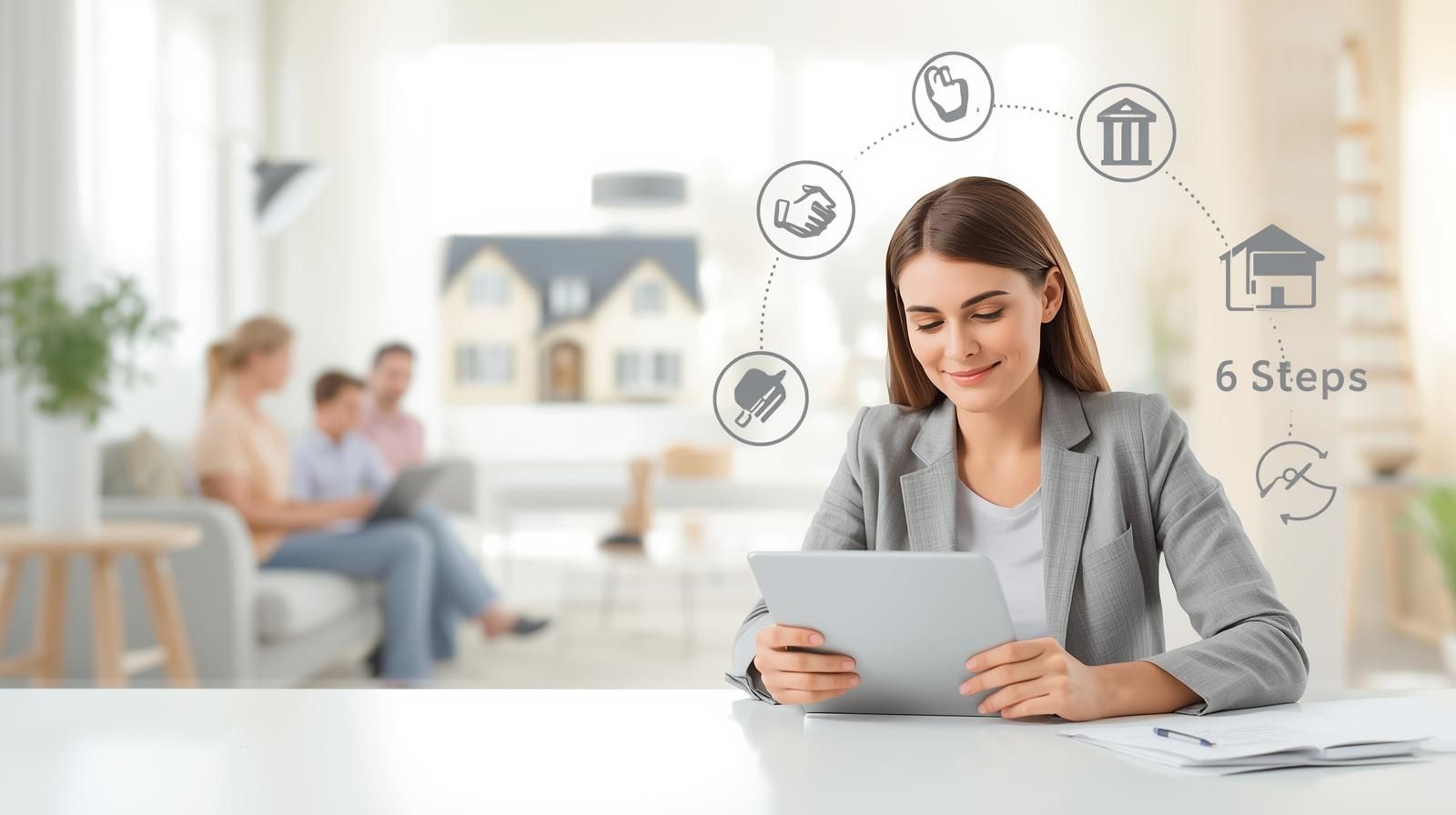 Professional real estate agent reviewing a 6-step home buying process on a tablet, with a family in the background and house icons illustrating each step.