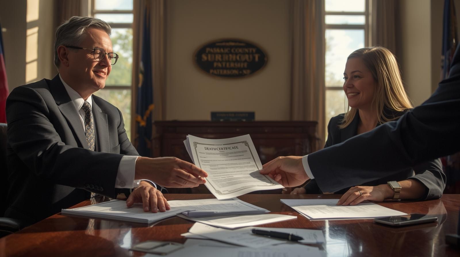 Executor submitting probate documents at Passaic County Surrogate Court in Paterson, New Jersey, during the probate process.